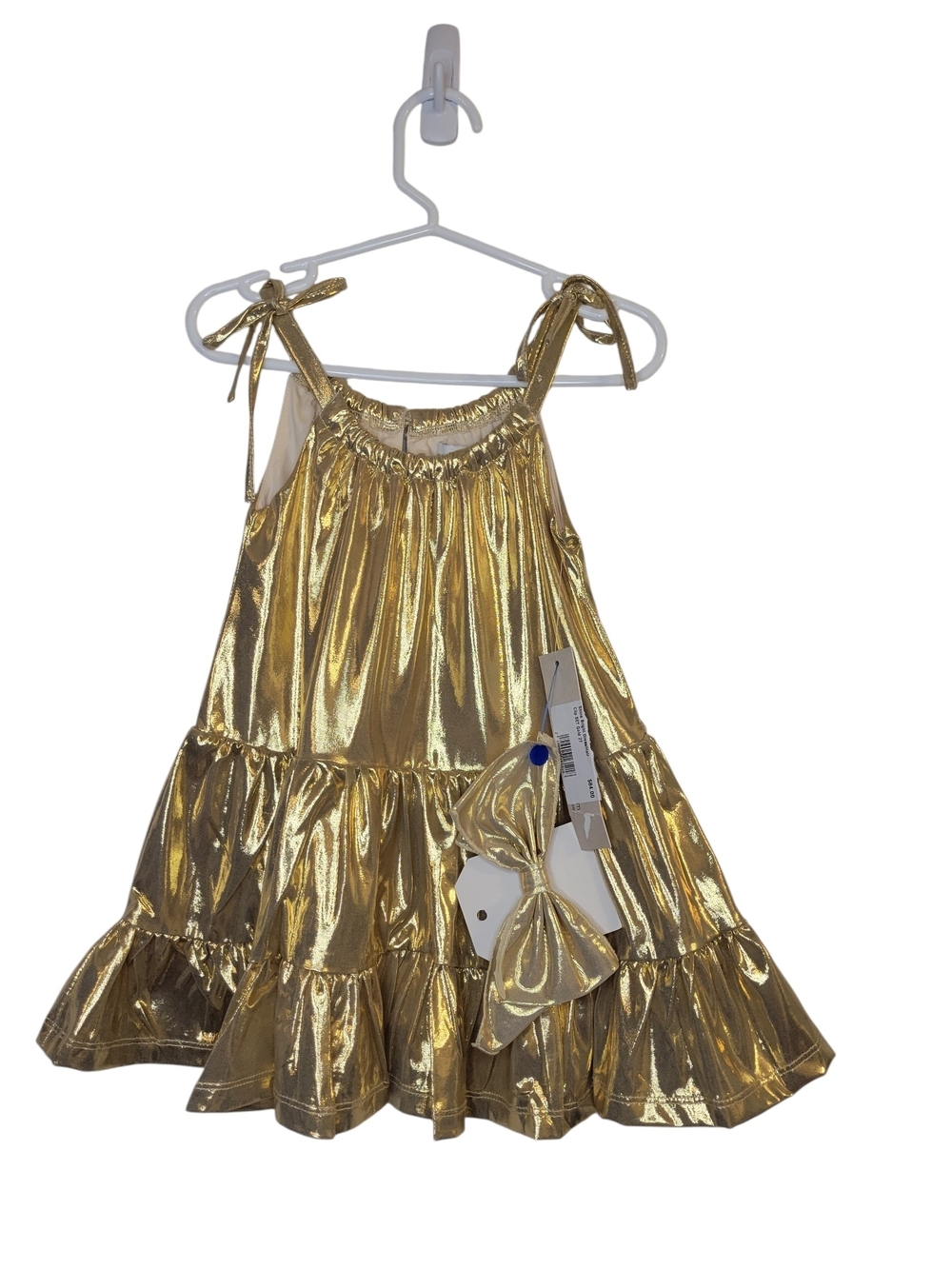 Isobella And Chloe Metallic Gold Tie-Strap Tiered Dress with Matching Bow